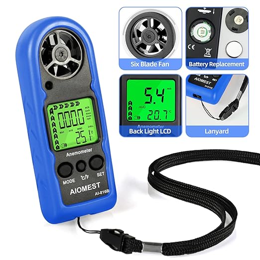 AIOMEST Digital Anemometer, Mini Wind Speed Meter Air Flow Gauge Measuring Wind Velocity Temperature, Handheld Velometer AI-816B with Max/AVG/Current Wind Chill for HVAC Shooting Sailing