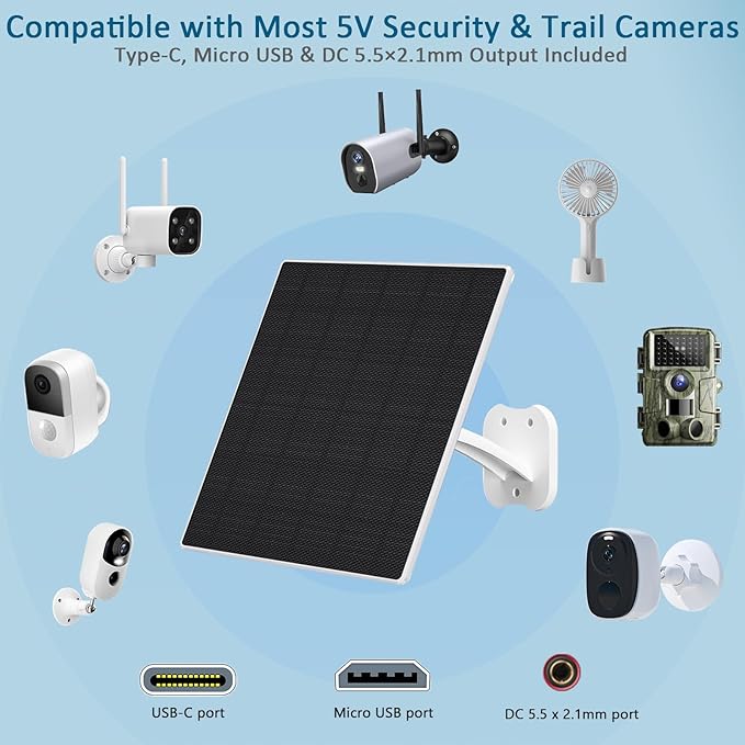 Zivif 8W Solar Panel for Security Cameras, Solar Panel Charger Camera with USB-C Cable, DC 5.5x2.1mm & Micro USB Port, IP66 Waterproof with Adjustable Mount, 7.2FT Cable