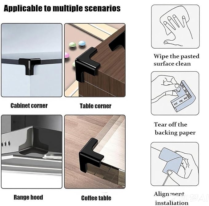 Silicone Corner Protector 10 Pack, Transparent Triangle Baby Proofing Guards, No Adhesive Soft Bumpers for Furniture, Tables, Windowsills & Counters (black)