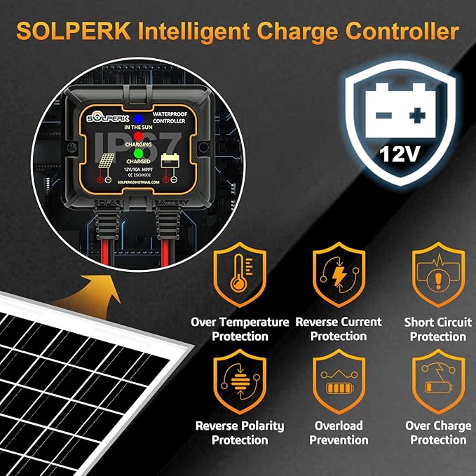 SOLPERK Solar Panel Kit 10W 12V, Waterproof Solar Battery Trickle Charger Maintainer + Smart MPPT Controller + Adjustable Mount Bracket for Boat Car RV Motorcycle Marine Automotive