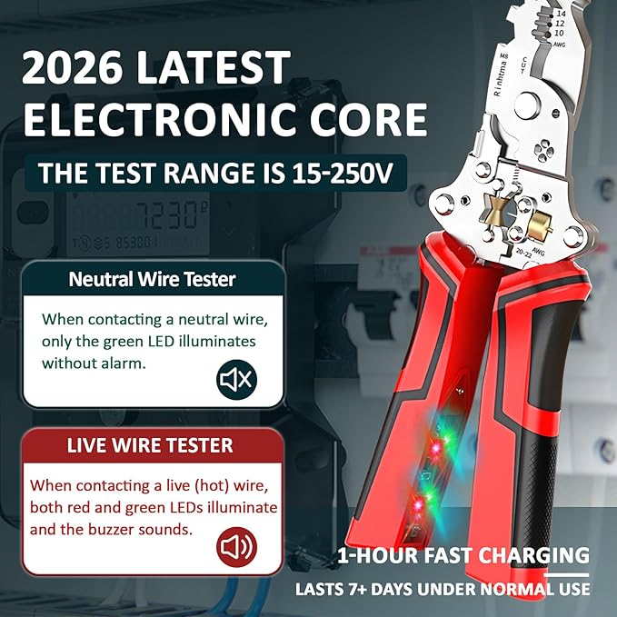 14-in-1 Wire Stripping Pliers, 2026 New Rechargeable Wire Strippers Tool with Voltage Tester&Alarms, Detectable 12-250V, Heavy-Duty Electrical Pliers&Wire Cutters–for Professional and Home Use (Ruby)