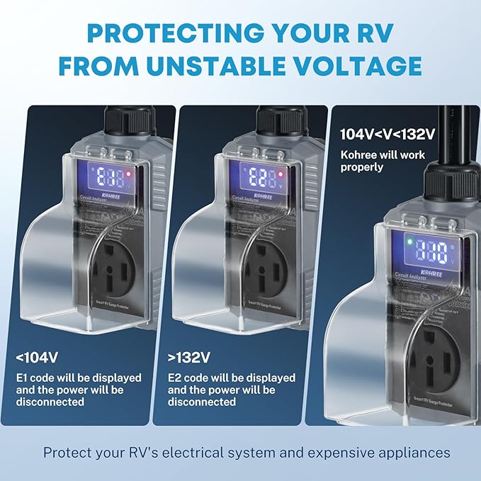 Kohree RV Surge Protector 50 Amp with High/Low Voltage Protection, 12000 Joules 50 Amp RV Surge Protector Waterproof, Smart Circuit Analyzer w/LED Display for RV Camper, Gray