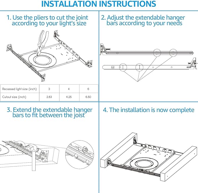 TORCHSTAR New Construction Mounting Plate, 3/4/6 Inch LED Recessed Lighting Kits, Compatibility Upgrade, Extendable Hanger Bars, Shallow Recessed Light Housing, Pack of 6