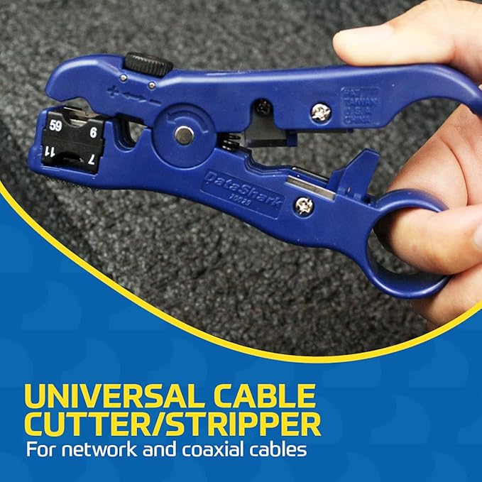 DataShark 70029 Universal Cutter-Stripper for Flat or Round TV/UTP Cable | Cat5 Cat5e Cat6 | RG6 Quad RG59 RG7 RG11 (Pro Grade)
