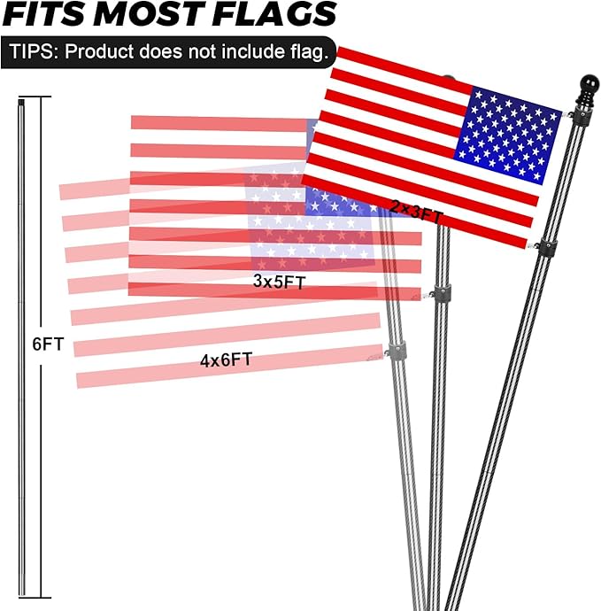6FT Carbon Fiber Flag Pole, Flagpole for Outside House, Porch Flagpoles, Tangle Free Black Flag Pole Kit, Wind-Resistant, Bend-Resistant, Rust-Free (Without Bracket, Plain Carbon Fiber)