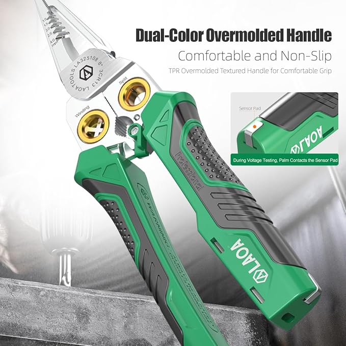 LAOA 8-in-1 Rechargeable Electrician Pliers with Voltage Tester, USB-C Charging – AC/DC 12-250V Non-Contact Detector, Wire Stripper/Cutter/Splitter for Electrical, HVAC, Automotive