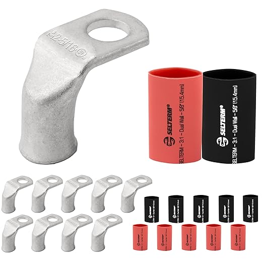 SELTERM 10pcs - 2 AWG 5/16" Stud 90° Bent Battery Lugs - Ring Terminal Connectors with 12pcs 3:1 Black & Red 5/8" Heat Shrink Tubing - Heavy Duty Battery Cable Ends - Tinned Copper Wire Connector Kit