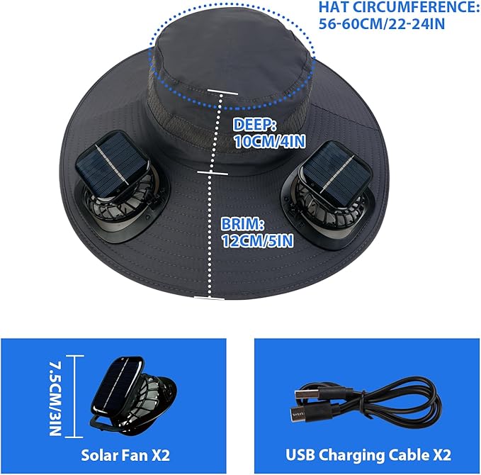 Men's Wide Brim Solar Fan Outdoor Fishing Hat in Grey - includes 2 Solar Fans, Medium, Black