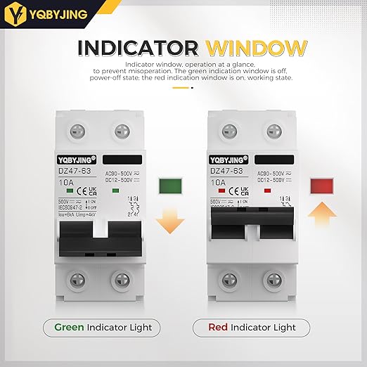 DC Circuit Breaker 10 Amp Solar Panel Disconnect Switch 12V-500V 2 Poles Miniature Solar Circuit Breaker for Outdoor PV Homes Battery, AC 110V DIN Rail MCB