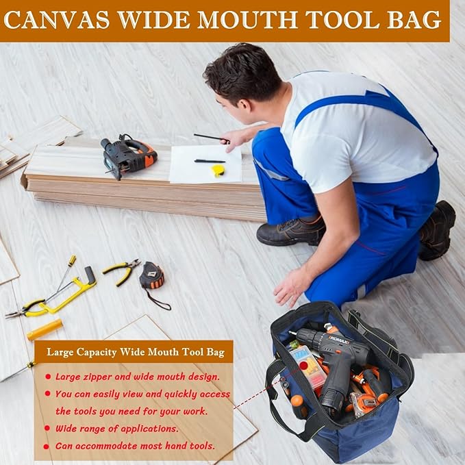 13 Inch Heavy Duty Tool Bag for Men, Waterproof Hard Bottom, Wide Mouth with Zipper Tool Bag, Multi Pocket Organizer for Electricians, Carpenters, Mechanics (Blue)