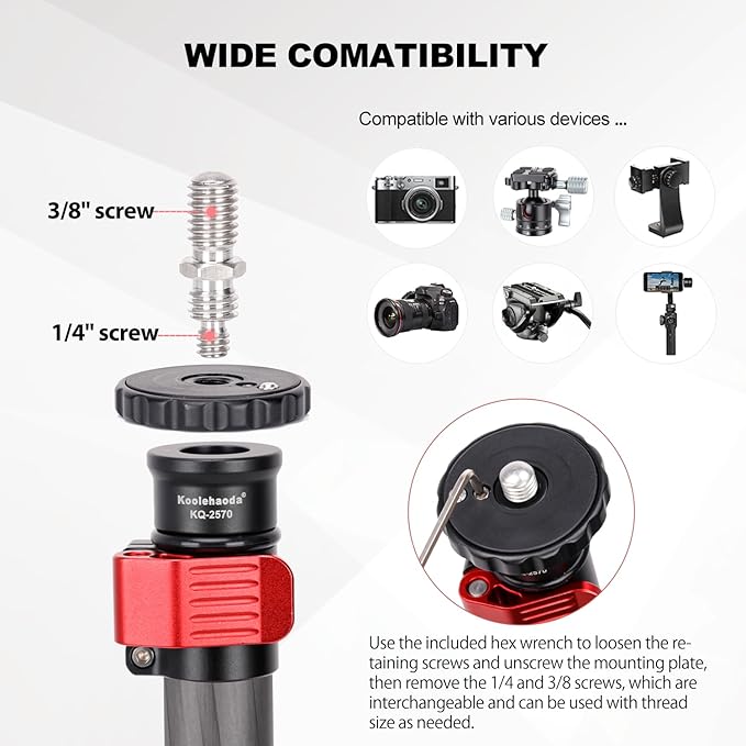 Koolehaoda Tripod Extender 2 Section Center Column Extension 28" Carbon Fiber Telescopic Stick Rod with 1/4" to 3/8" Screw Compatible with Tripod/Monopod/Gimbal/Camera, Max Load 33lb
