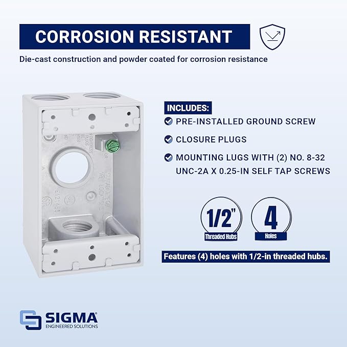 SIGMA ENGINEERED SOLUTIONS 14251WH Metal Electrical Outlet Box, Weatherproof, Easy Mount Plug and Receptacle Protector, White, (4) 1/2-Inch Holes, 1 Gang Deep Box