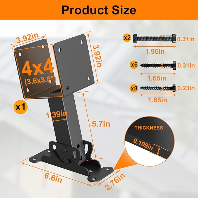 4x4 Heavy Duty Adjustable Angle Pergola Brackets Kit - Black Metal Roof Riser Beam Bracket (1 Pack)