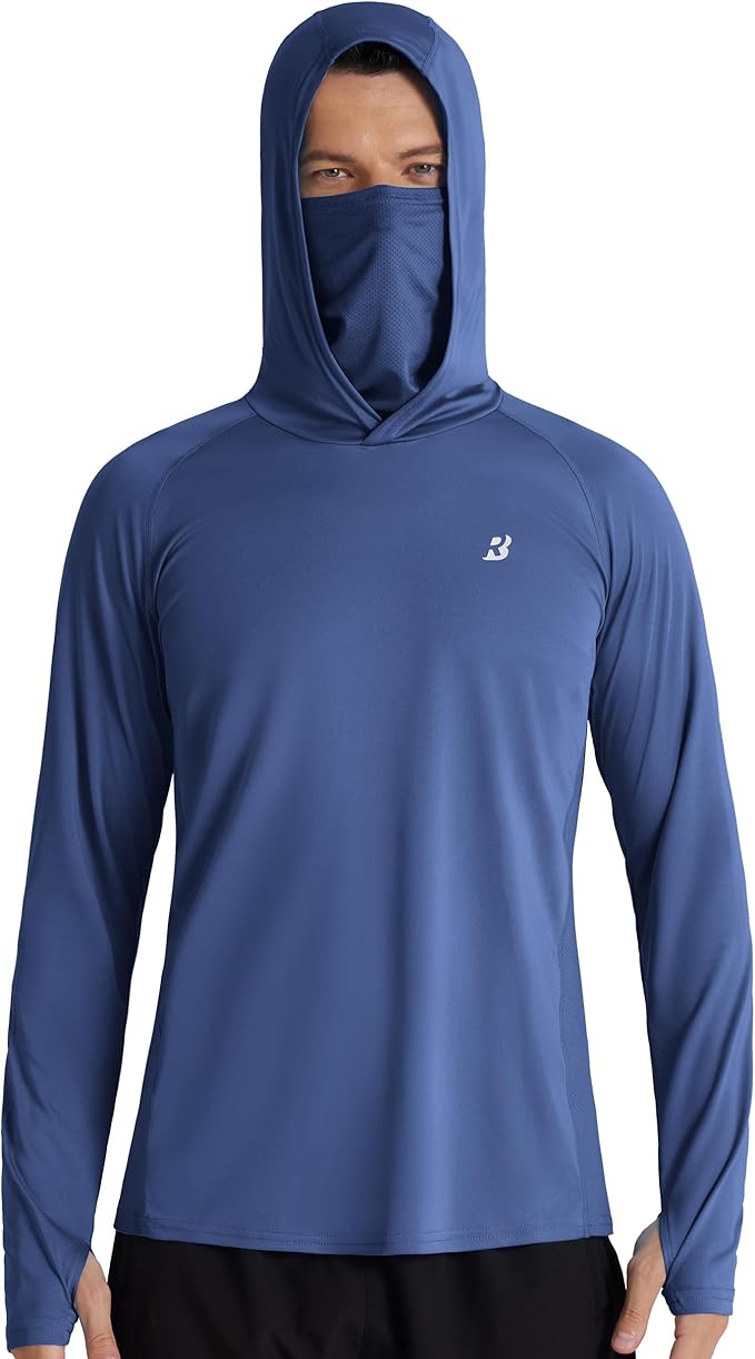 Roadbox Men's UPF 50+ Hooded Fishing Shirts Long Sleeve Sun Protection Hoodie, Hiking Running Swimming Rash Guard with Mask