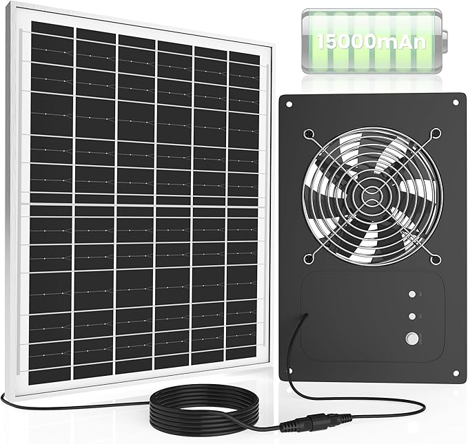 Solar Powered Fan with Battery & Timer, 25W 15000 mAh 3500RPM High-Speed Small Solar Exhaust Fan for Chicken Coop, Greenhouse, Shed, Vent, Doghouses, Windows, Outside Rainproof