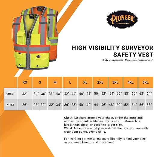 Pioneer Safety Vest for Men – Hi Vis Reflective Neon, Cool Mesh Back Panel, 12 Pockets, Zipper for Surveyor Work – Orange, Yellow/Green