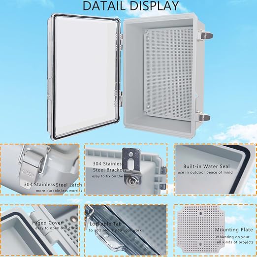 Waterproof Junction Box, ABS Plastic Electrical Box with Stainless Steel Latch, Hinged Cover Electric Project Enclosure Box with Mounting Plate, Wall Brackets,Clear 13.8"x9.8"x5.9"