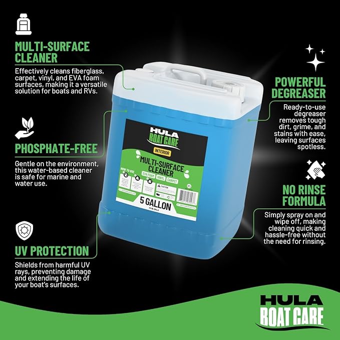 Hula Multi-Surface Cleaner — EVA Foam, Vinyl, and Carpet, 5 Gallon — Bulk Marine Interior Cleaner for Detailers and Fleets, Biodegradable, Made in USA