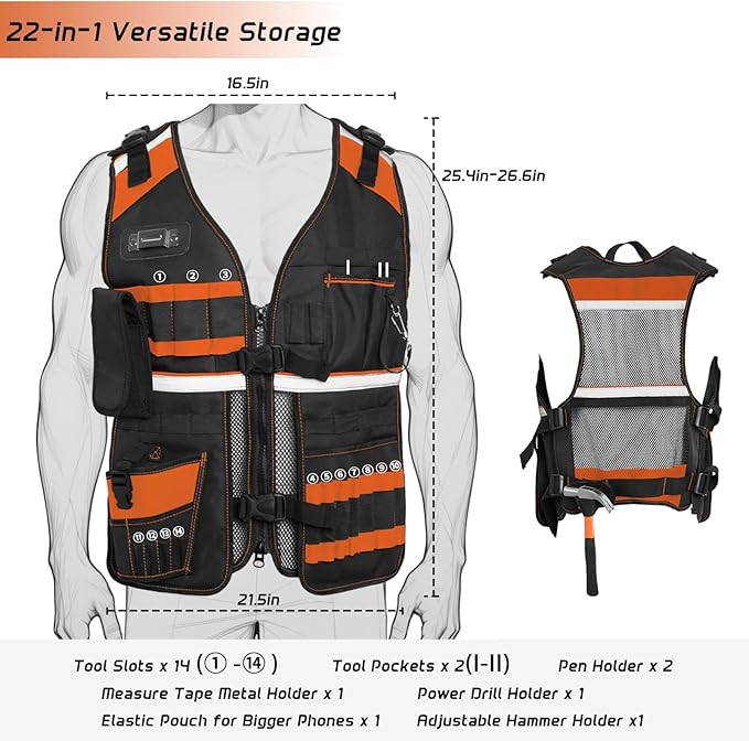 Electrician Tool Vest for Men, Reflective Safety Work Vest with Adjustable Thick Straps, Removable Phone Holder for Electrical, Carpenters, Construction, 22 Pockets