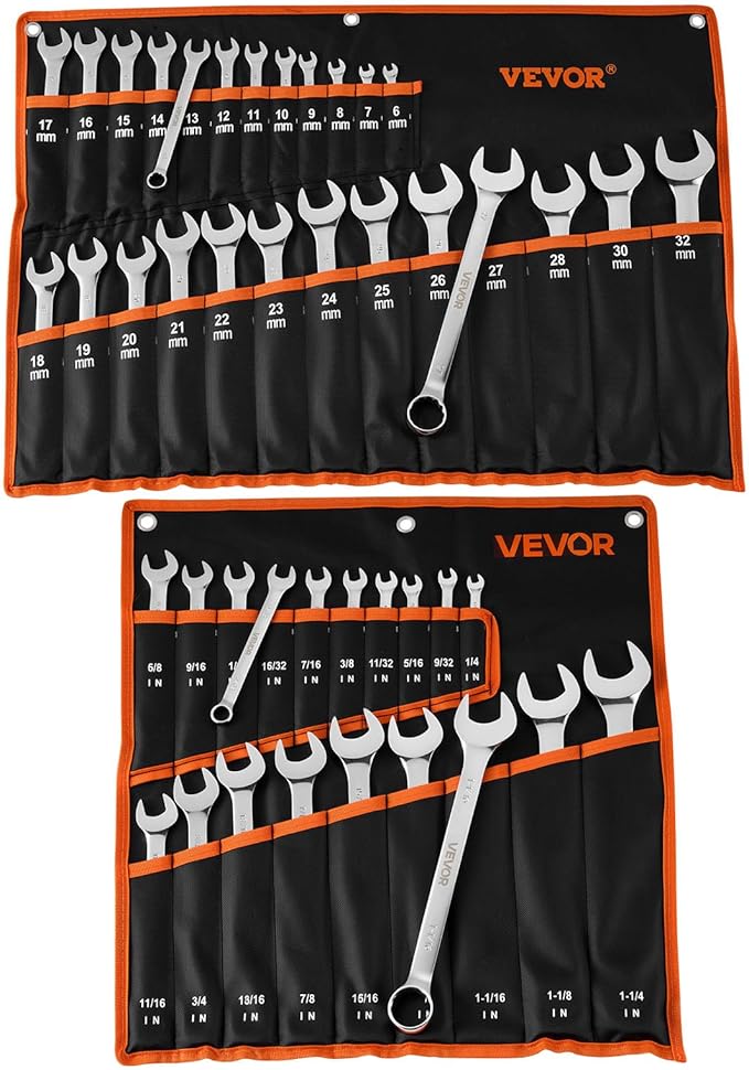 VEVOR Combination Wrench Set, 44-Piece SAE and Metric, 12-Point Box End and 15° Angled Open End Combination Wrenches with Roll Up Pouch, Carbon Steel, for General Household and Automotive Repairs