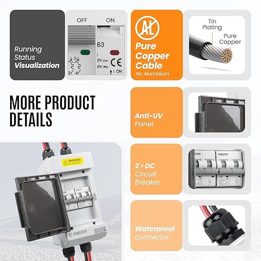 Solar Panels Disconnect Switch 16A 400VDC PV Shut Off Switch Outdoor 2 String Circuit Breaker Box IP66 Waterproof UV-Proof