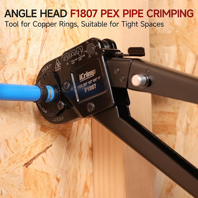 iCrimp Angle Head PEX Crimping Tool Kit for 3/8,1/2,3/4,1-inch with Copper Ring Removal Tool, Pex Pipe Cutter and Gauge, Meets ASTM F1807 Standard, Suitable for Tight Spaces