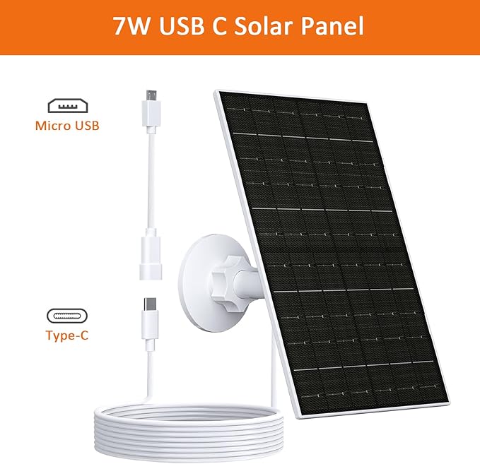 Zivif 7W Solar Panel for Security Camera, 5V USB C Solar Panel Charger Compatible with Rechargeable Battery Powered Cam, IP65 Waterproof, 7.2ft Cable, 360° Adjustable Bracket