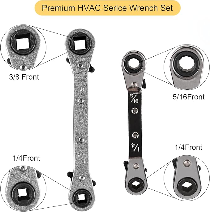 Valve Core Remover Installer Tool and HVAC Service Wrench Set with Hex Bit Adapters, Dual Size SAE 1/4 to 5/16 Port, 5/16'', 3/8'' Refrigeration Service Wrench, 10 Valve Core