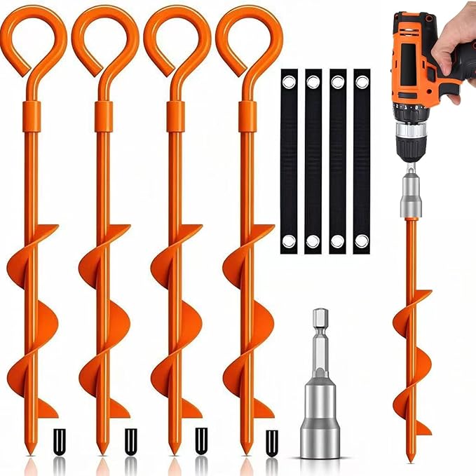 Ground Anchors Heavy Duty, 8 Pack Swing Set Anchor Kit Screw in Earth Anchors Trampoline Spiral Stakes for Camping Tent, Canopies, Car Ports, Securing Animals, Trap Anchors Hurricane Tie Down(Orange)