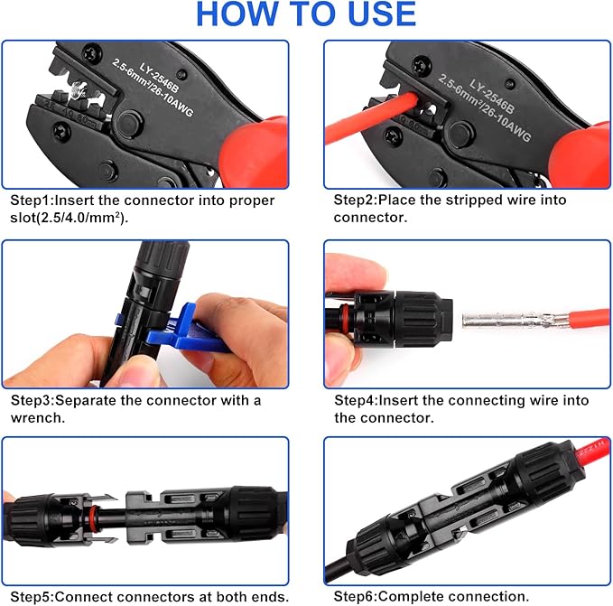 63 PCS Solar Connector Kit - Solar Crimping Tool for Solar Panel Cable with 30 Pairs Male/Female Solar Connectors, 1PCS Wire Crimper, 2 PCS Spanners Wrench, Crimper Set for 2.5/4mm² Solar PV Wire