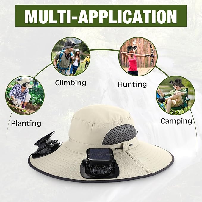 Syhood Solar Powered Fan Hat with Arm Sleeves Neck Gaiter for Men Women Outdoor Wide Brim Bucket Hat with Fan for Hiking