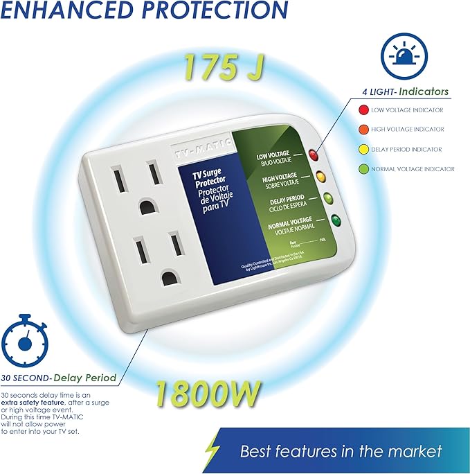 Electronic Voltage & Surge Protector for Smart TV, Game Consoles and Entertainment Center, Protects Against High and Low Voltage, Brownout, Spikes, Power Failure