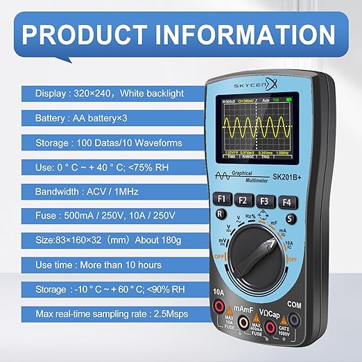 SK201B+ Intelligent Graphical Digital Oscilloscope Multimeter 2 in 1 with 2.4 Inches Color Screen 1MHz Bandwidth 2.5Msps Sampling Rate for DIY and Electronic Test