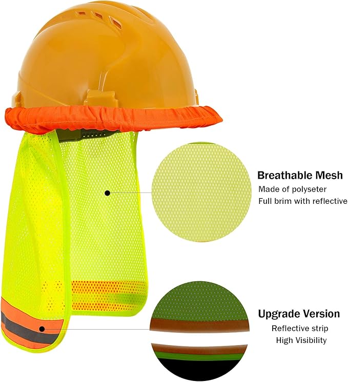 TCCFCCT Hard Hat Sun Shade, High Visibility Neck Shield with Secure-Fit Fastener, Mesh Neck Sun Shade Protector with Reflective Strip, Construction Helmets Use, Hard Hat Not Included, Yellow, 5 Packs