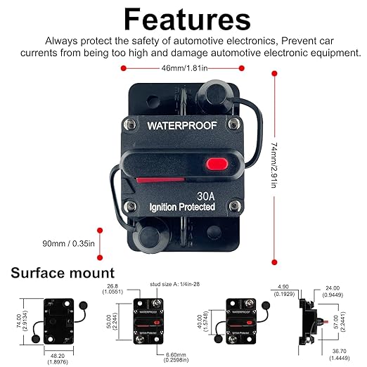 30 Amp Circuit Breaker Resettable Fusewith Manual Reset Switch Button Waterproof 12V-48V DC for Boat Trolling Motor Marine ATV Trailer Vehicles Stereo Audio Electronic Battery Solar System