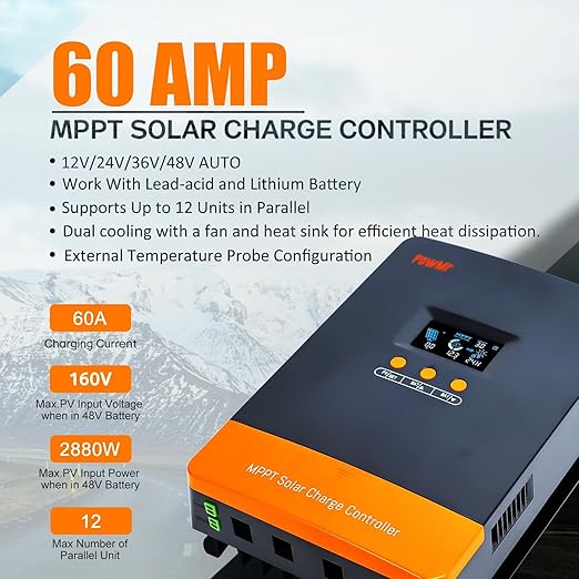 PowMr 60AMP MPPT Solar Charge Controller Fit for 12V/24V/36V/48V Auto, Lead-Acid Lithium Battery, MAX 160V 2800W Input Solar Charge【Parallel Version】