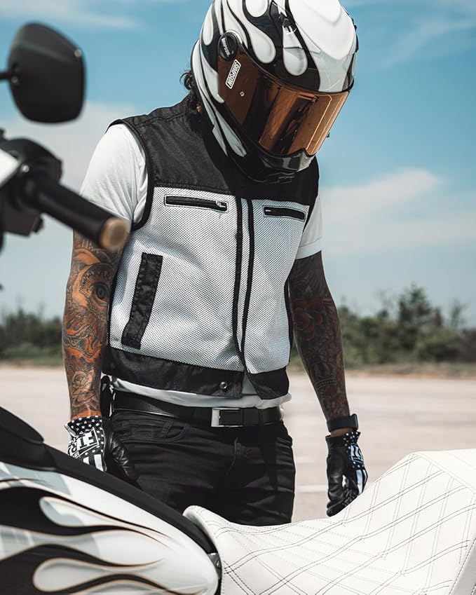 First Mfg Co Lowrider Mens Motorcycle Biker Riding Armor Club Style Black Leather, Twill, Moto Mesh, Perforated Vest