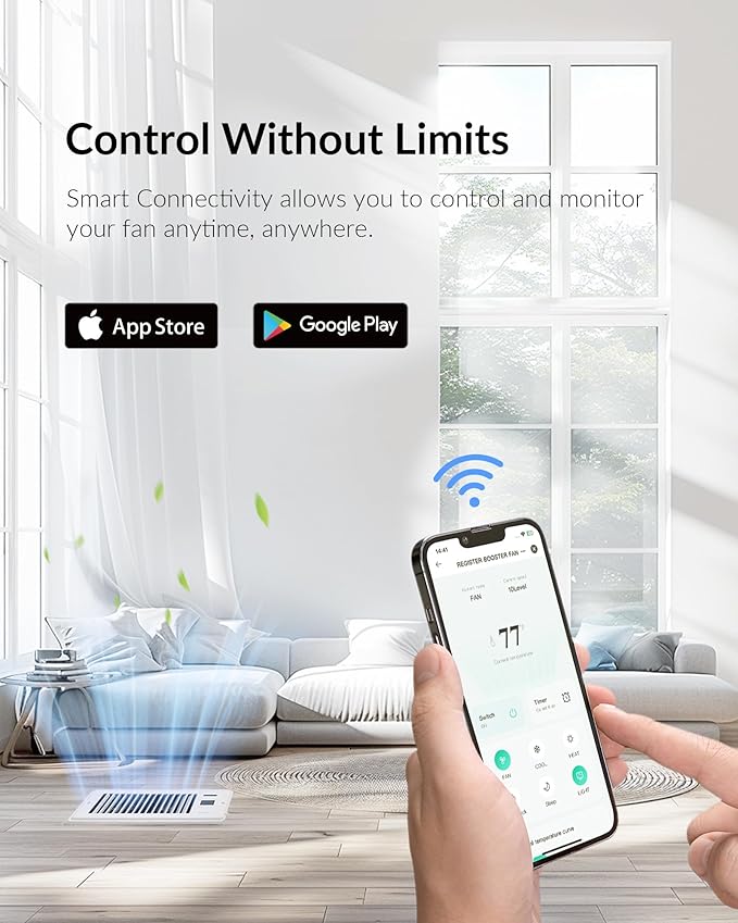 Super Quiet Register Booster Fan for 4" x 10" Register Holes, Smart Register Vent with Dual Intelligent Thermostat and WIFI App Control, Heating Cooling AC Vent Fan (White)