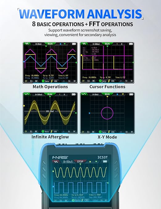 FNIRSI 2C53T Upgraded Handheld Oscilloscope, 50MHz Bandwidth, 3IN1 Digital Oscilloscope Multimeter DDS Generator, 250MS/s Sampling Rate, 19999 Counts, Voltage, Current, Capacitor, Resistor, Diode Test