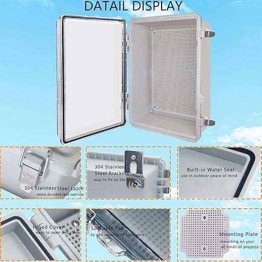 Waterproof Junction Box, ABS Plastic Electrical Box with Stainless Steel Latch, Hinged Cover Electric Project Enclosure Box with Mounting Plate, Wall Brackets,Clear 14.6" x10.6''x5.9''