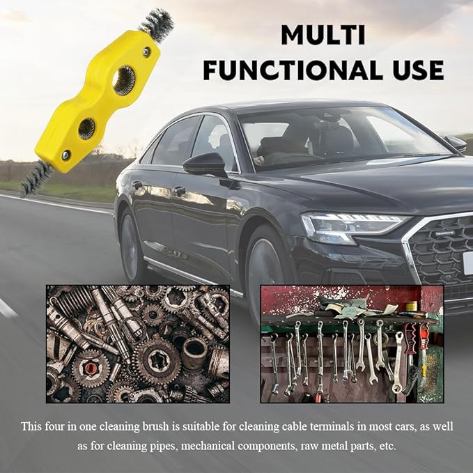 4 in 1 Car Battery Cleaning Brush, Battery Terminal Brush, Anti-Rust Auto Battery Cleaner with Steel Wire, Car Accessories Vehicle Machine Parts Cleaning Tools Fit for Auto Marine (Yellow)