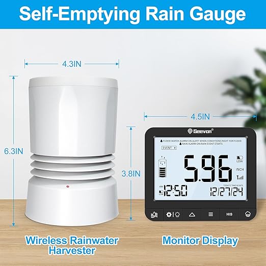 Geevon Digital Rain Gauge Outdoor, Self-Emptying Rain Collector with Alerts, Low Battery Warning Icon, Rainfall History and Current Date and Time, Suitable for Gardens, Farmland and Other Scenes