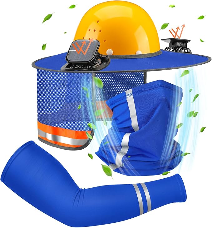 1 Set Sun Hard Hat Shade Full Brim Hard Hat Sun Visor with Solar Fans and Neck Sunshade Cover UV Reflective Strap Arm Sleeves Summer Protection Accessories