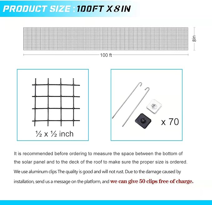 Heavy Duty Solar Panel Bird Guard - 15Lb 70 Aluminum Fasteners 8in x102Ft Solar Panel Critter Guard for Separate Critters, Pigeons, etc. from Solar Panel