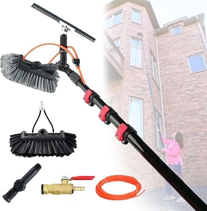 Solar Panel Cleaning Brush and Pole, Photovoltaic Panel Cleaning Tools, Water Fed Brush Kit with Squeegee, for Window Glass Roof Outdoor Glass Brush Window Washing Equipment 29cm-6m/20ft