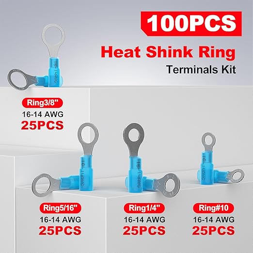 AIRIC 16-14 AWG Heat Shrink Ring Terminals Kit #10, 1/4", 5/16", 3/8", Copper Terminal Connector Ends, Battery Cable Lugs, Blue Electrical Crimp Connectors, Wire Lug for 16, 14 Gauge Wires, 100 PCS