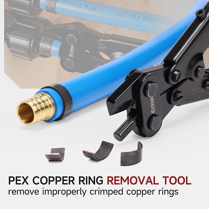 iCrimp Angle Head PEX Crimping Tool Kit for 3/8,1/2,3/4,1-inch with Copper Ring Removal Tool, Pex Pipe Cutter and Gauge, Meets ASTM F1807 Standard, Suitable for Tight Spaces