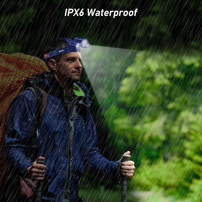 Blukar LED Headlamp, Super Bright Rechargeable Headlight Flashlight - 3 Lights 5 Modes,Zoomable,Spotlight&Floodlight Combination, IPX6 Waterproof, 20+Hrs Runtime for Running,Hiking-Blue