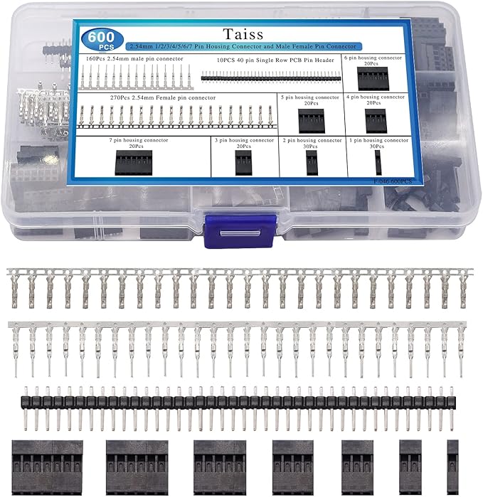 Taiss Dupont Crimping Tool Kit with 600PCS 2.54mm Dupont Connector Kit SN-28B Ratcheting Wire Crimper Plier,1/2/3/4/5/6/7 Pin Housing Dupont Connector Male Female Pin Header Crimp Terminal AWG28-18