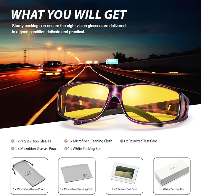 URUMQI Night Vision Driving Glasses Fit Over Eyeglasses for Men Women, Anti Glare Polarized Nighttime Glasses Yellow Lens